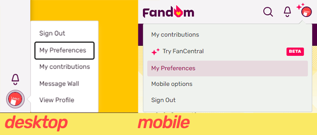 A graphic showing where on Fandom's user interface the preferences can be found.